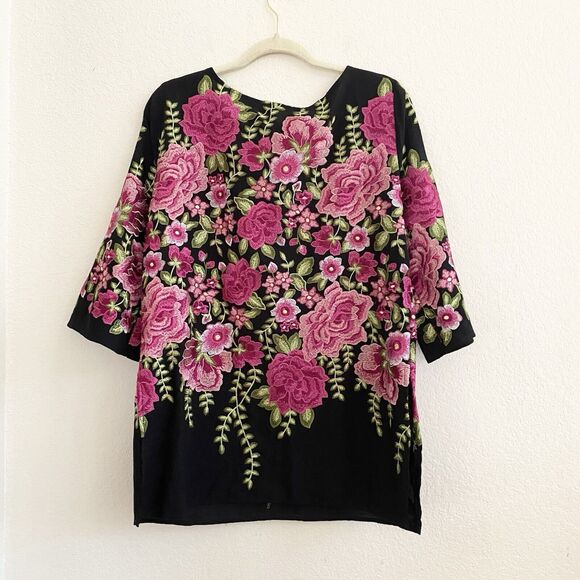 Karen Kane Embroidered Black Pink Floral 3/4 Sleeve Handkerchief Hem Top S - Picture 12 of 12